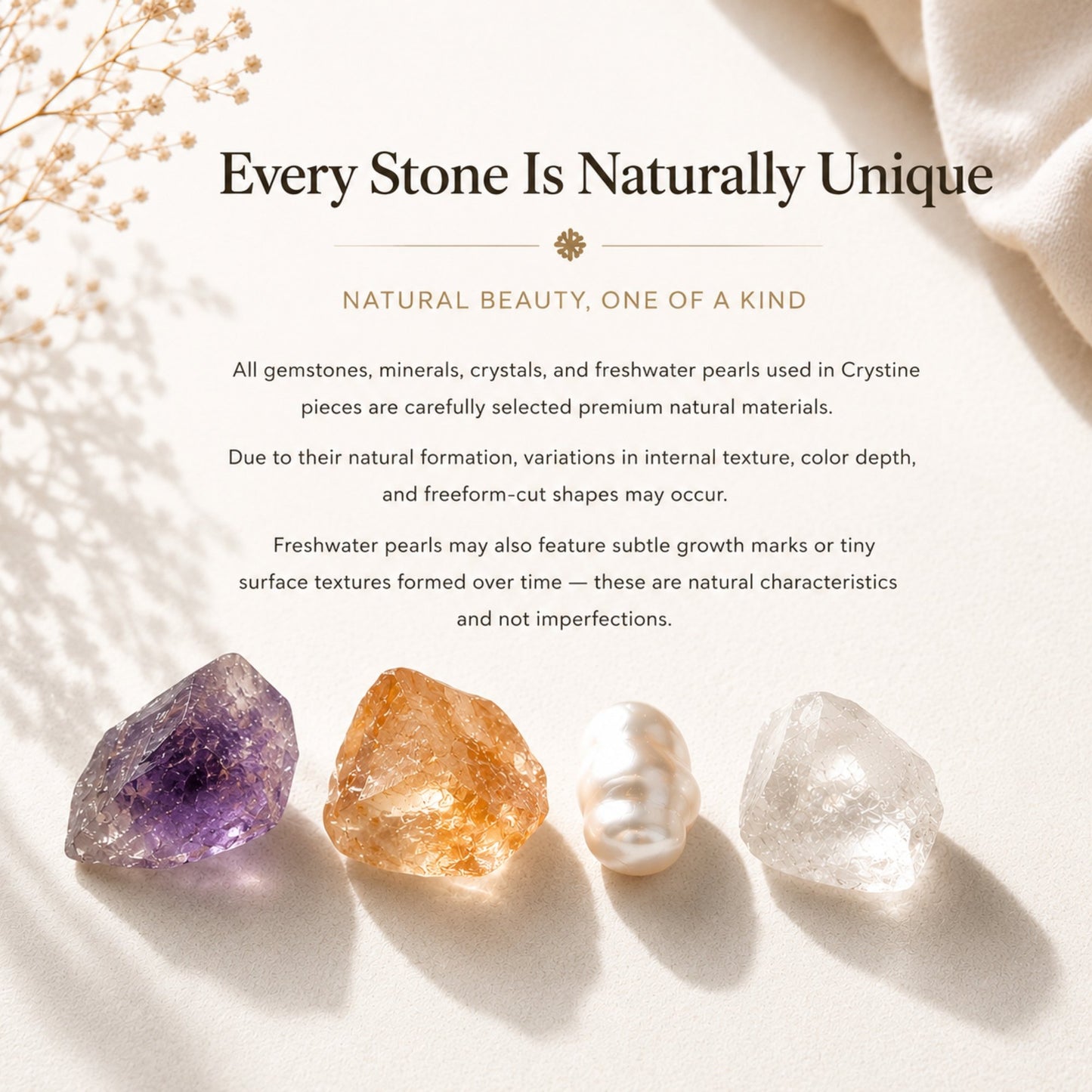 Crystal and pearl bracelet beads display with amethyst, amber crystal, pearl and clear stones