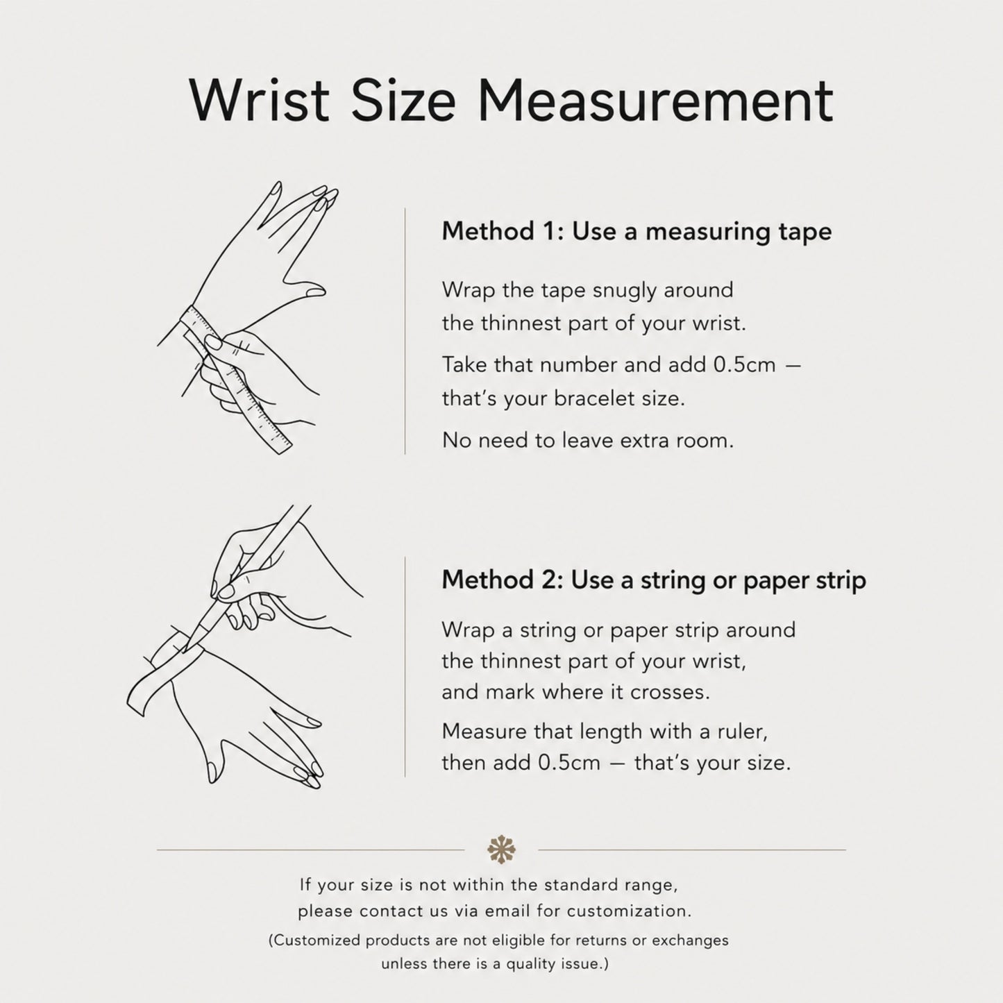 Bracelet wrist sizing guide with measuring tape and string methods