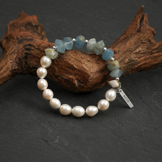 Pearl and blue agate bracelet with mixed aqua faceted beads and silver S925 charm