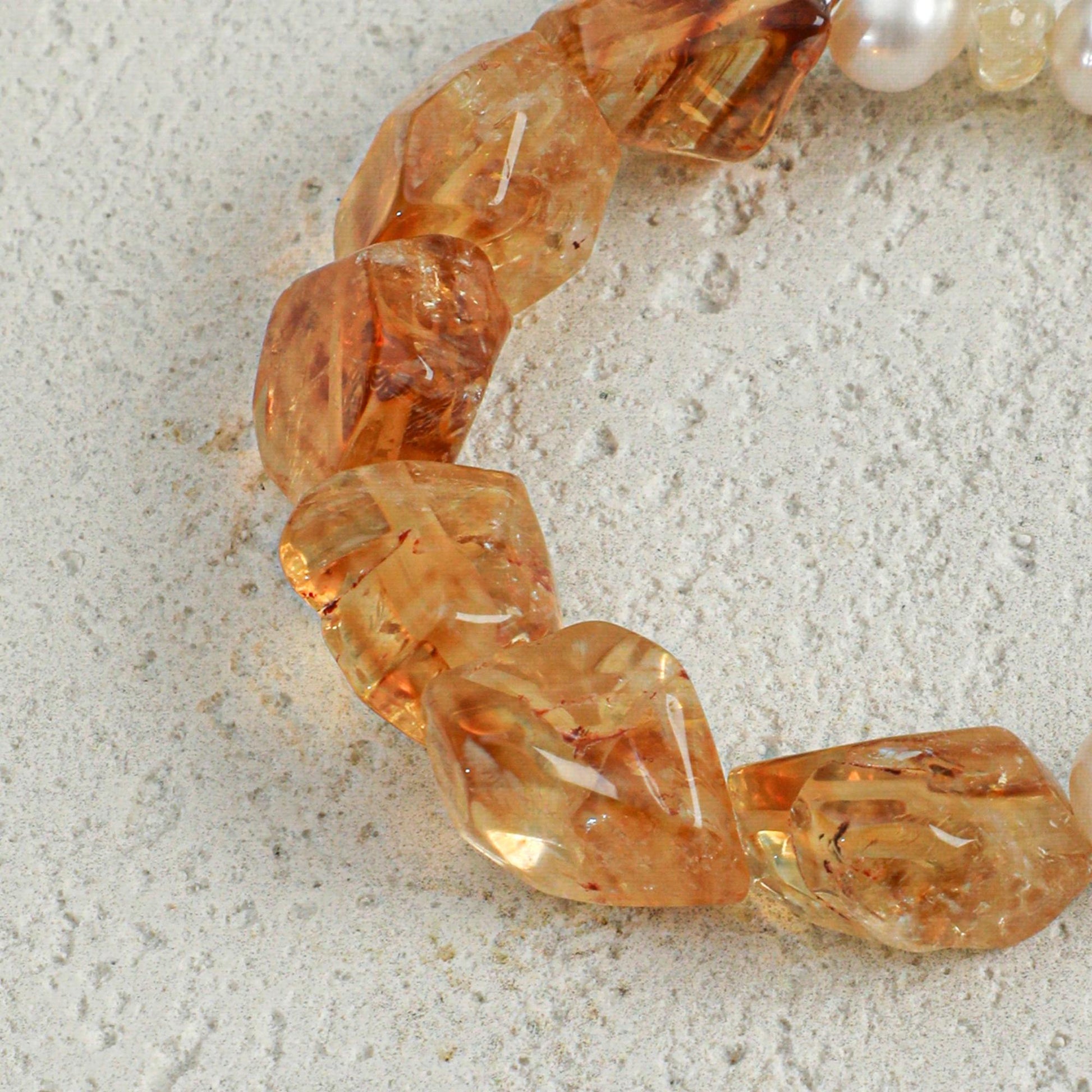 Faceted amber citrine bracelet beads with small white pearl accents