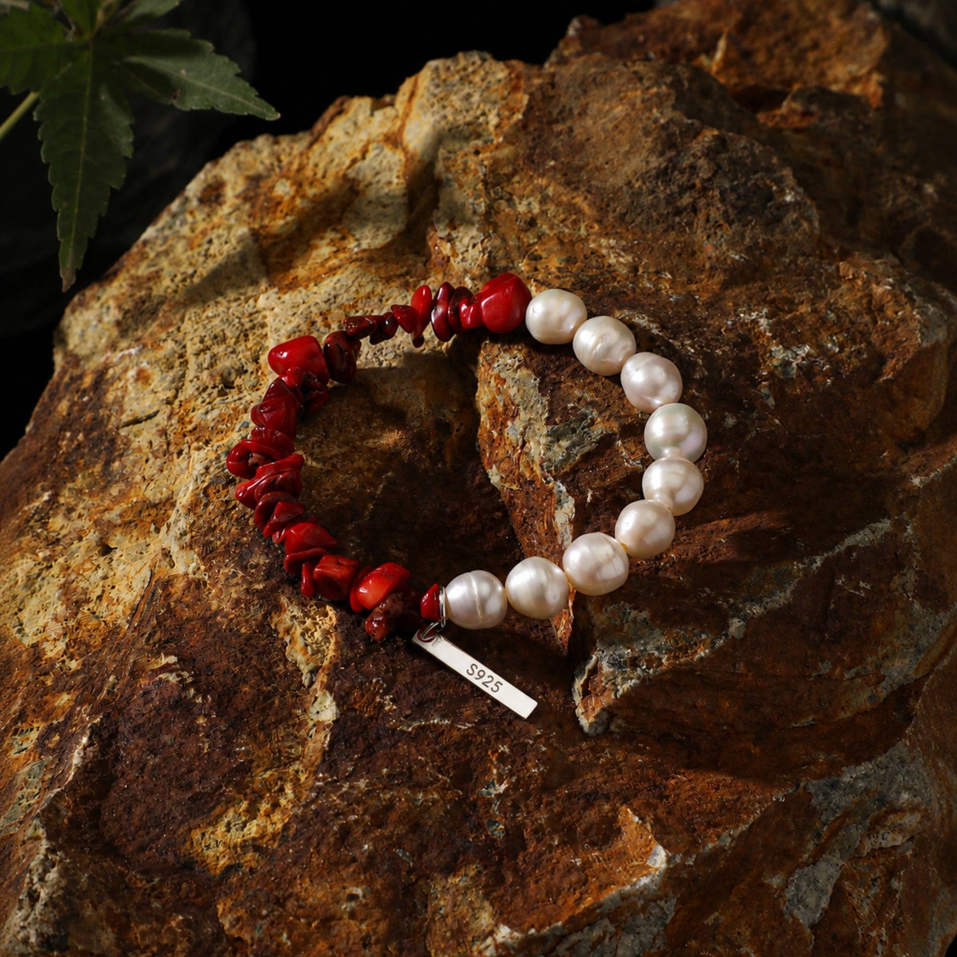 Pearl and red bead bracelet with S925 charm tag, stretchy bead design
