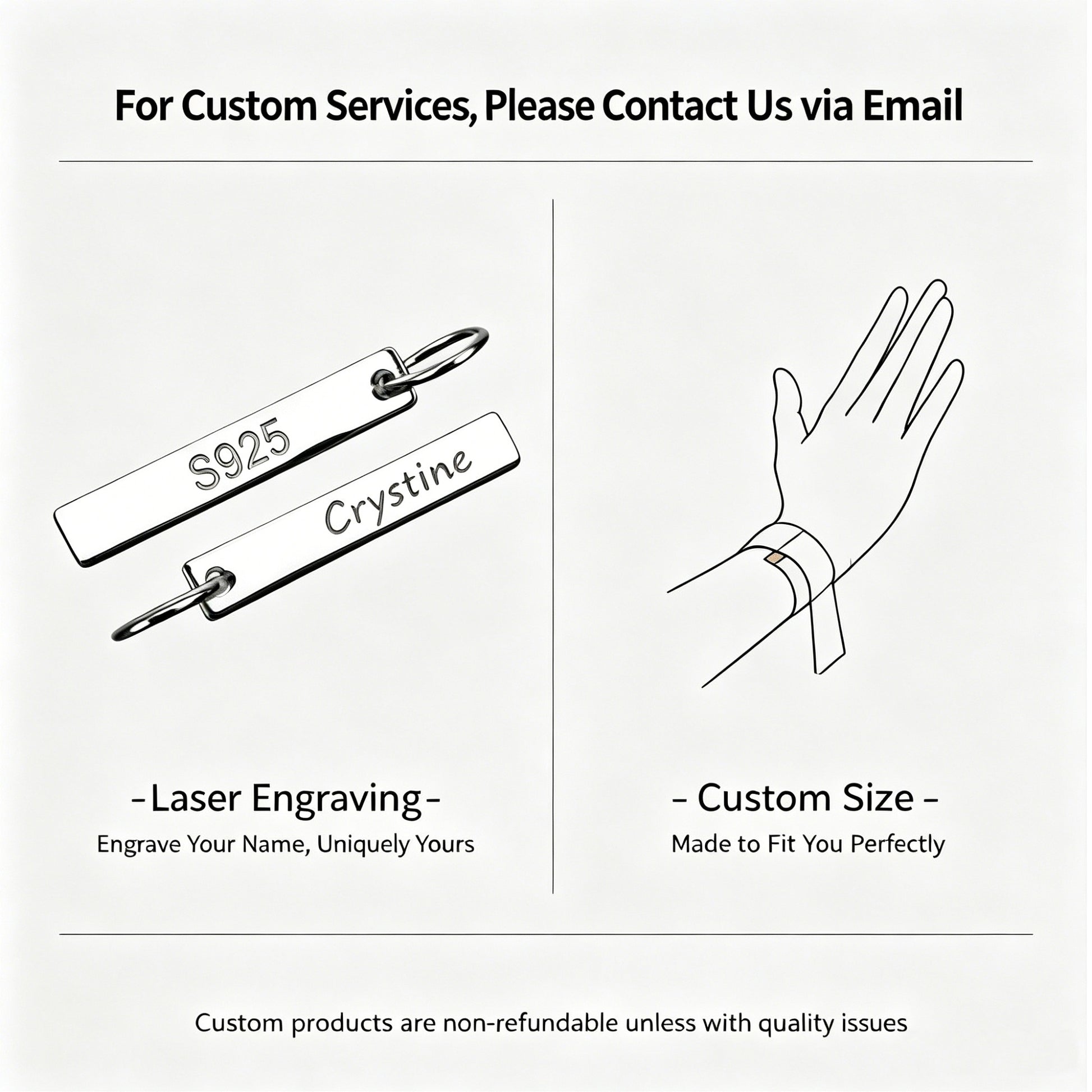Bracelet personalization charm set with 925 plate and custom size example sketch