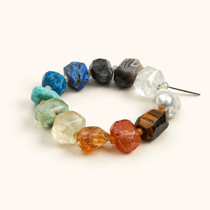 Multicolor faceted gemstone bead bracelet with round silver pearl and bar clasp