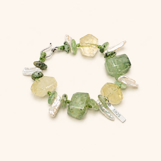 Prehnite and citrine bracelet with white freshwater pearls and silver clasp accents