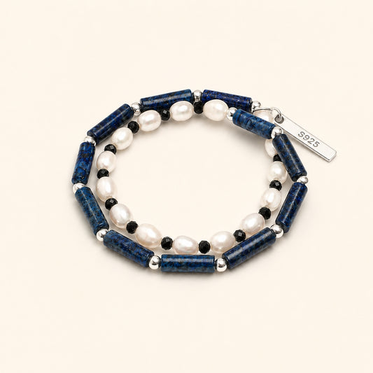 Beaded lapis and pearl bracelet with black spacers and S925 metal tag