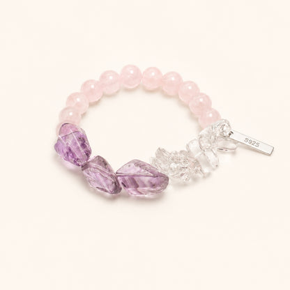 Rose quartz and amethyst beaded bracelet with silver clasp, 925 stamp