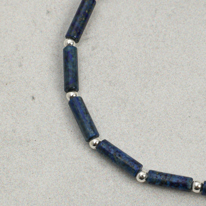 Lapis lazuli and pearl beaded bracelet with silver spacers and dark beads