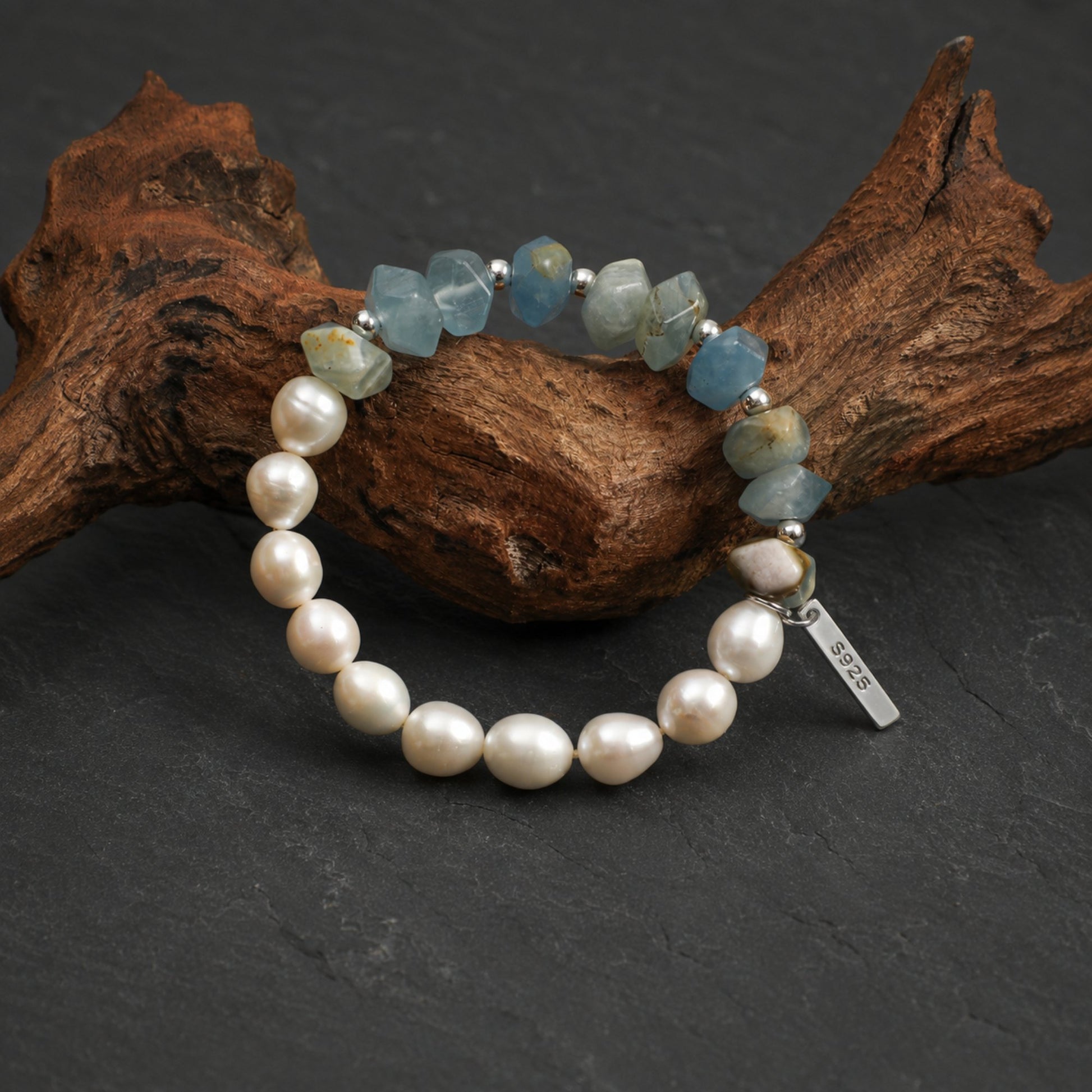 Pearl and blue agate bracelet with mixed aqua faceted beads and silver S925 charm