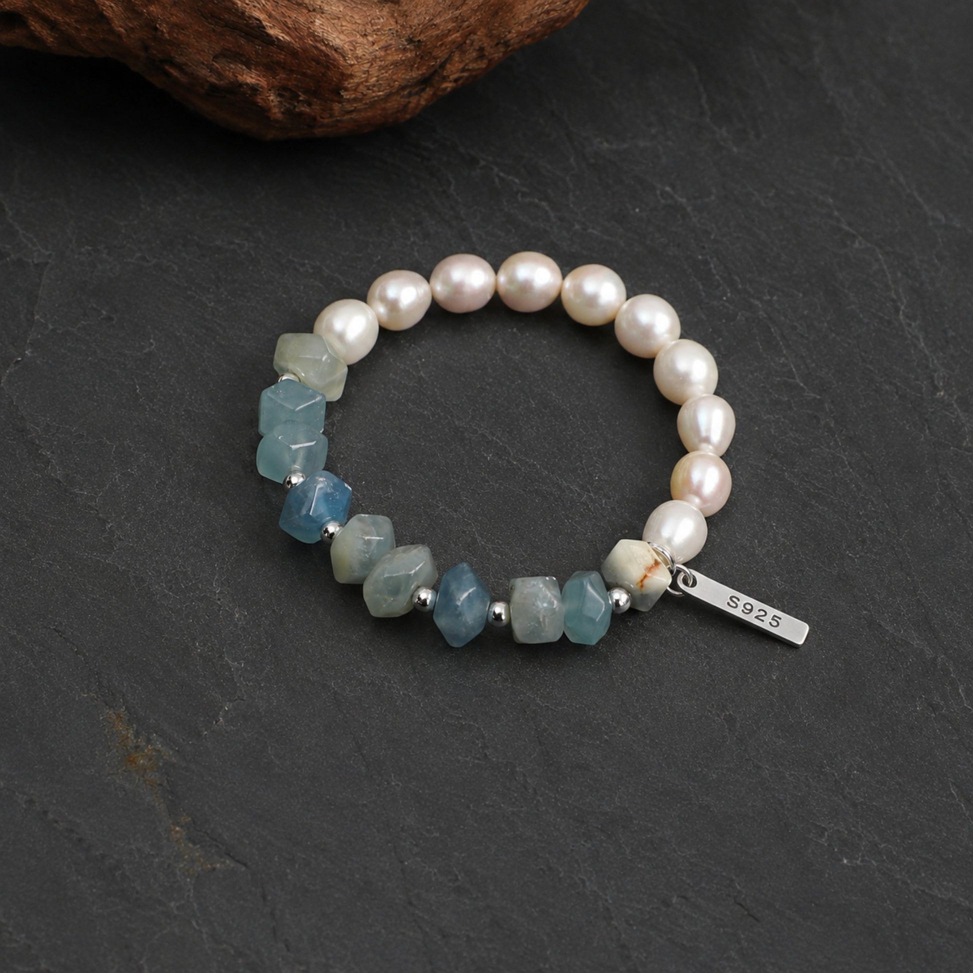 Pearl and aqua gemstone bracelet with faceted blue stones and silver S925 tag