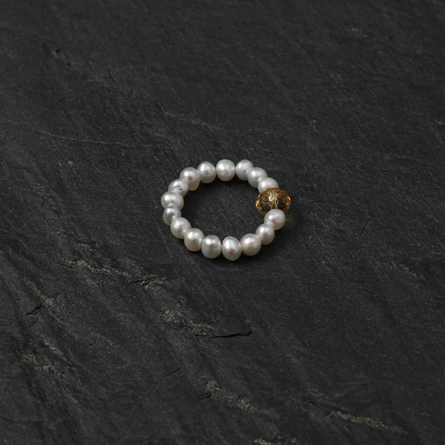 Pearl bead ring with gold-brown gemstone accent, round beaded band