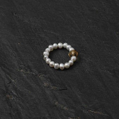 Pearl bead ring with gold-brown gemstone accent, round beaded band