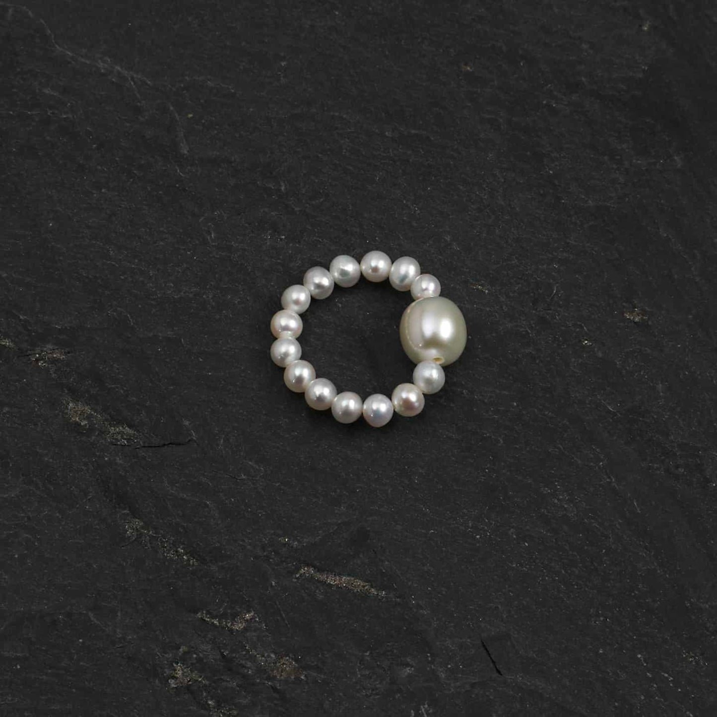 Pearl bead ring with large white teardrop pearl accent, round beaded band