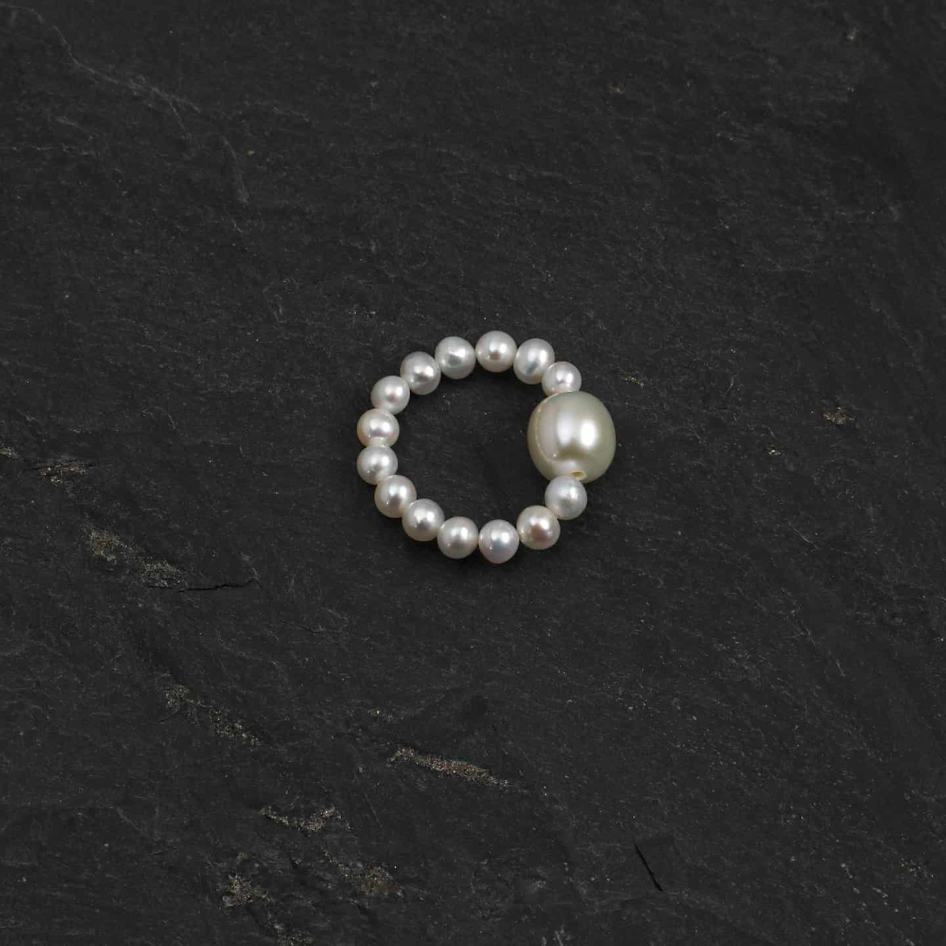 Pearl bead ring with large white teardrop pearl accent, round beaded band