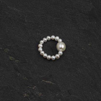 Pearl bead ring with large white teardrop pearl accent, round beaded band