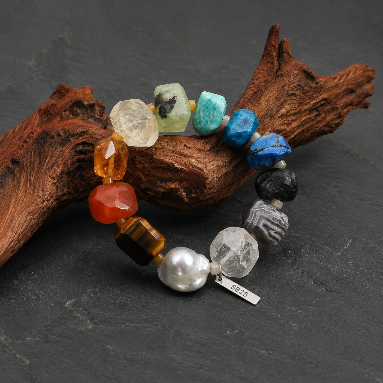 Multicolor gemstone bead bracelet with sterling 925 bar tag and round silver pearl