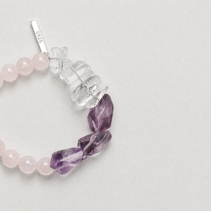 Beaded bracelet with rose quartz beads, faceted amethyst stones, 925 clasp tag