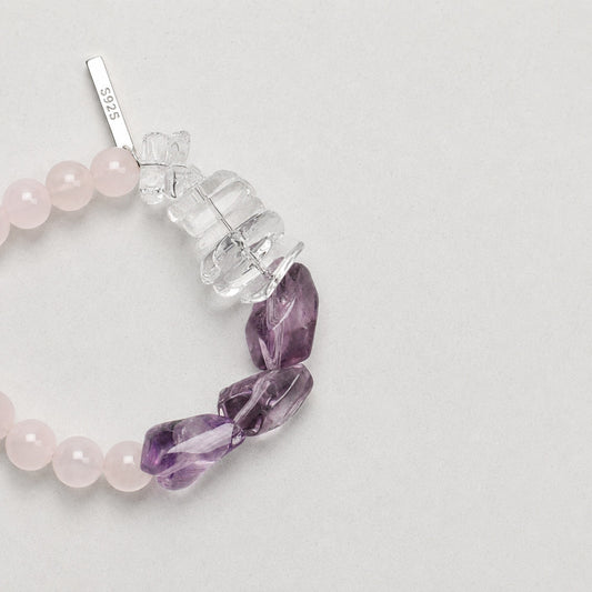 Beaded bracelet with rose quartz beads, faceted amethyst stones, 925 clasp tag
