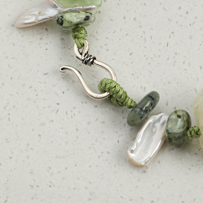 Green prehnite and pearl bracelet with silver hook clasp and faceted stone beads