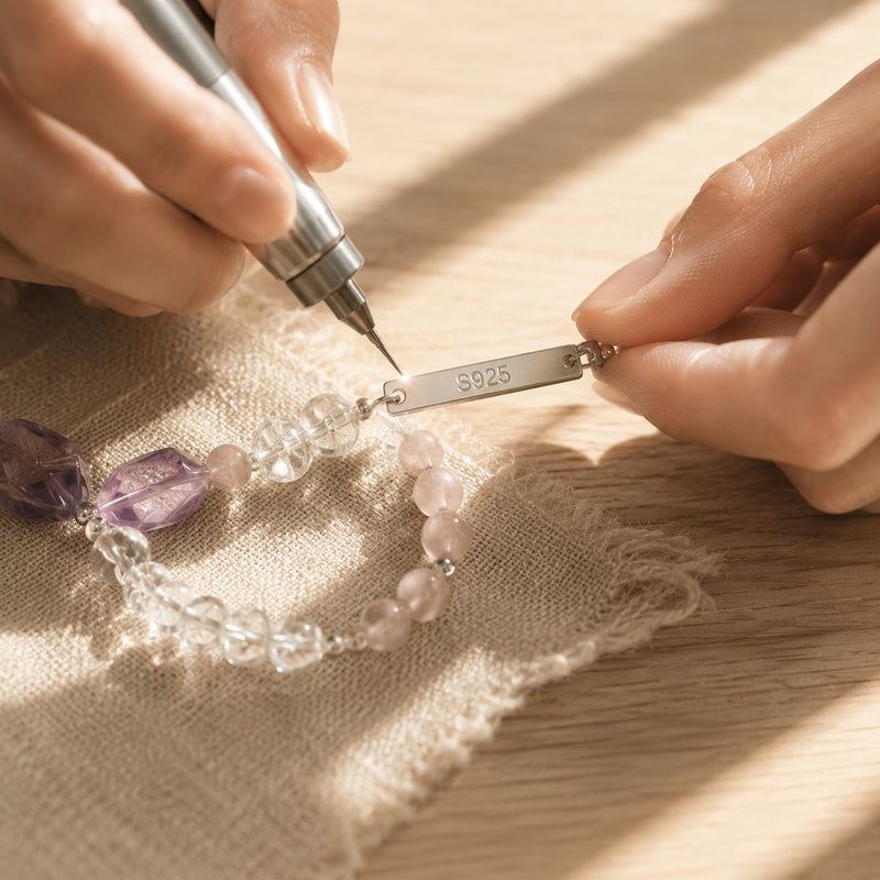 Person engraving a bracelet with a tool on a wooden surface